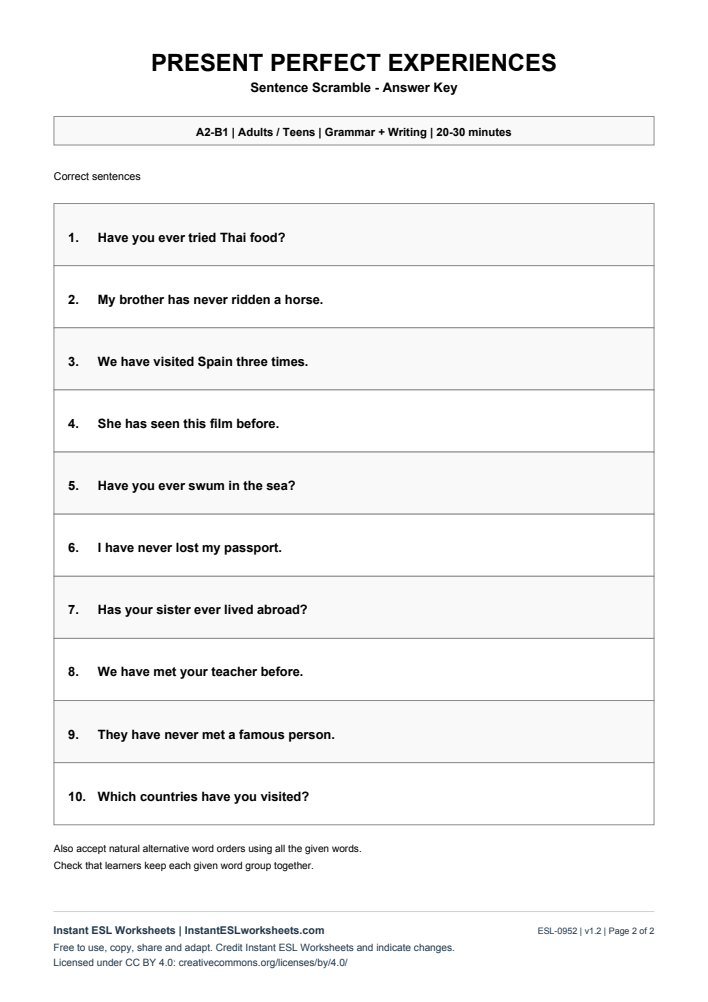 Page 2 of Sentence Scramble - Present Perfect Experiences - answer key