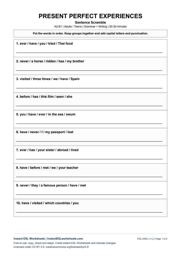Page 1 of Sentence Scramble - Present Perfect Experiences