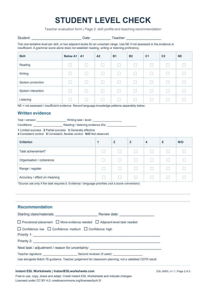 Page 2 of Student Level Check Evaluation Form