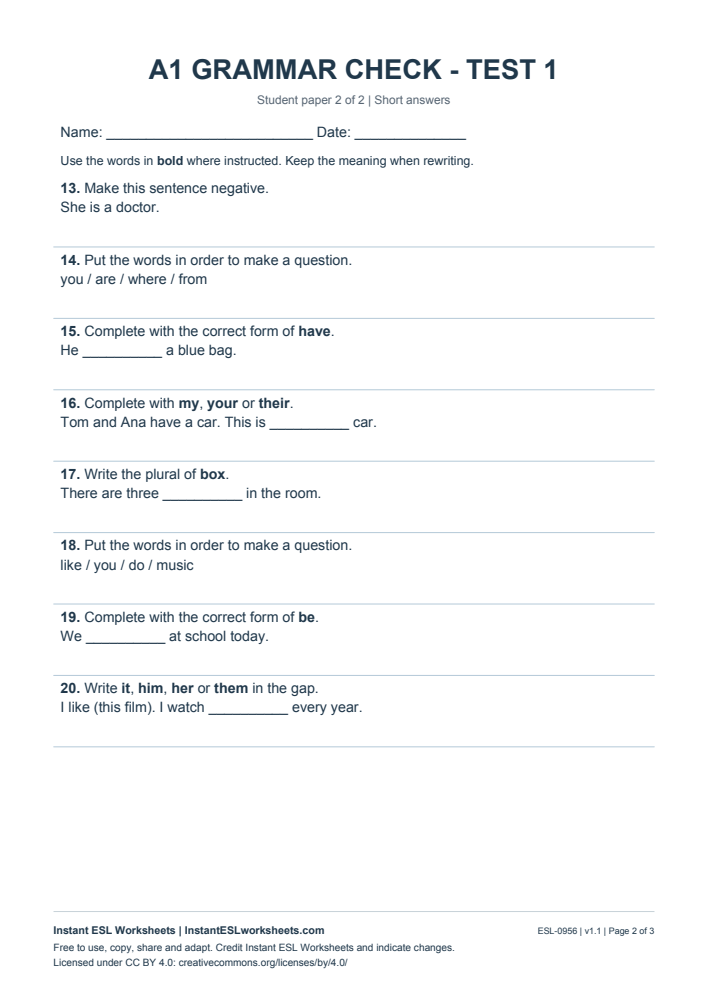 Page 2 of A1 Grammar Check - Test 1