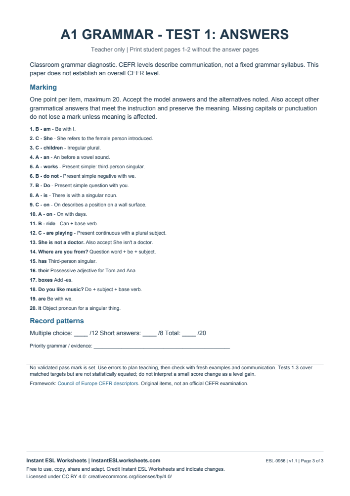 Page 3 of A1 Grammar Check - Test 1 - answer key