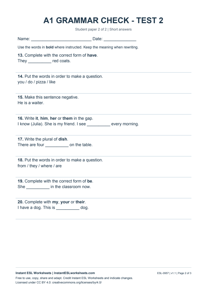 Page 2 of A1 Grammar Check - Test 2