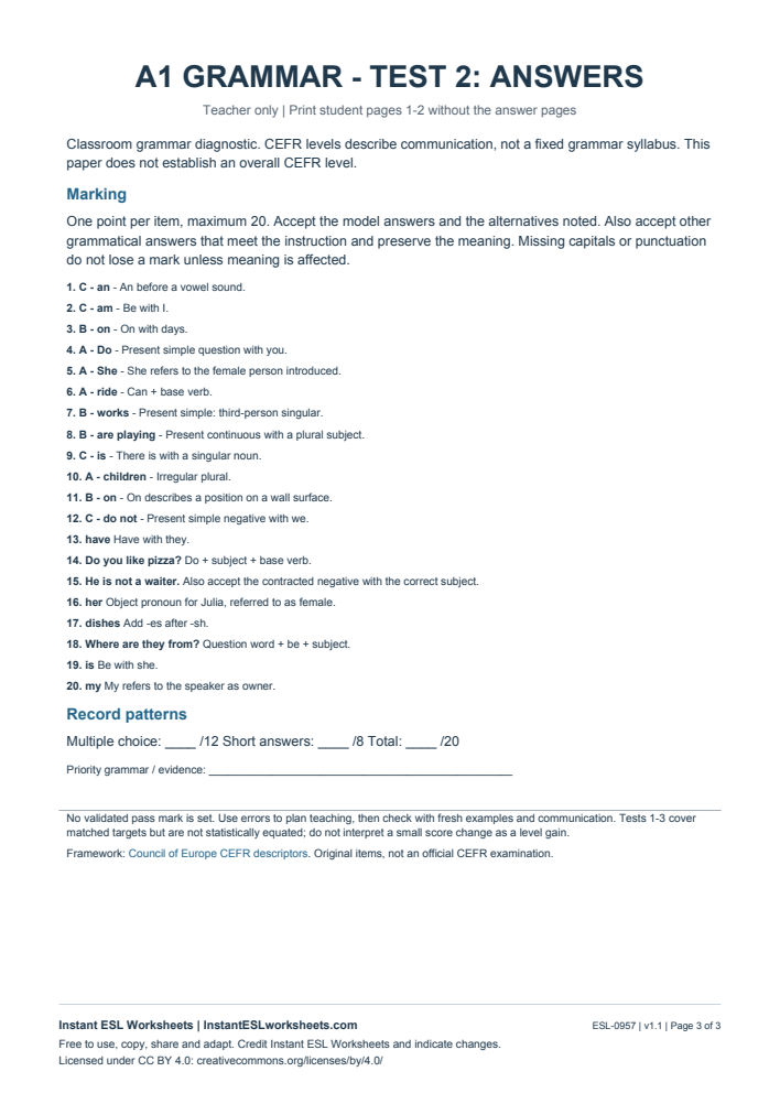Page 3 of A1 Grammar Check - Test 2 - answer key