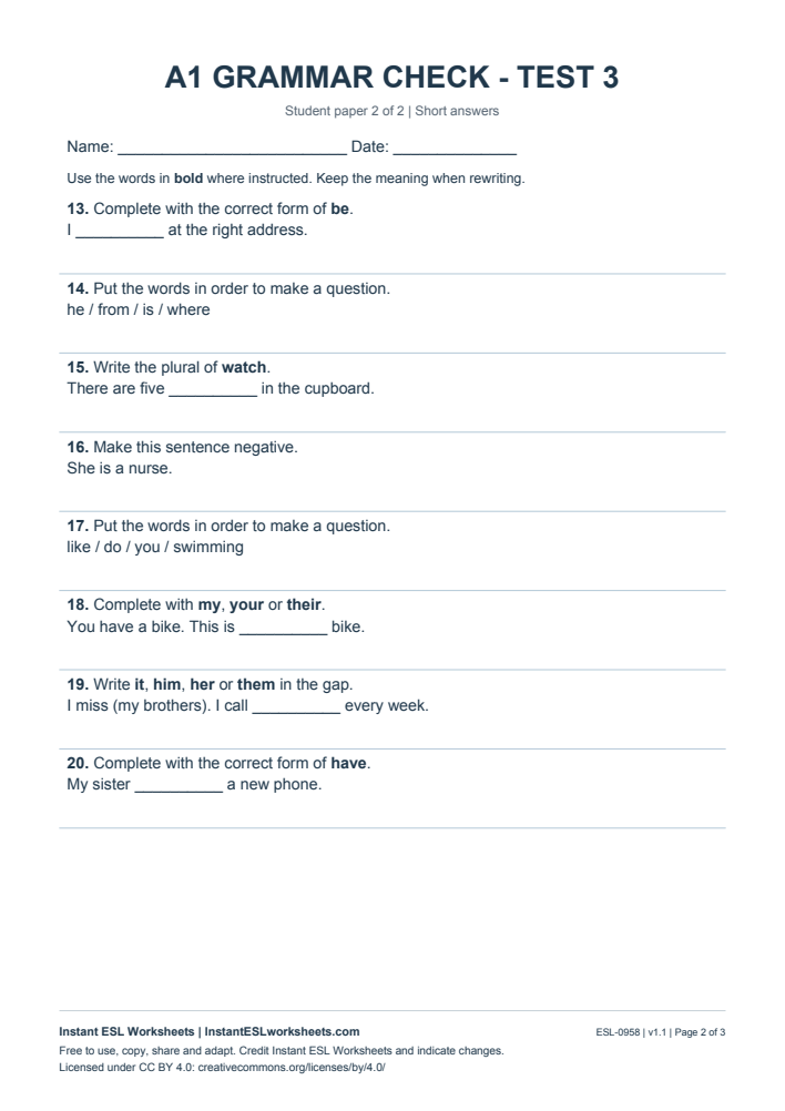 Page 2 of A1 Grammar Check - Test 3