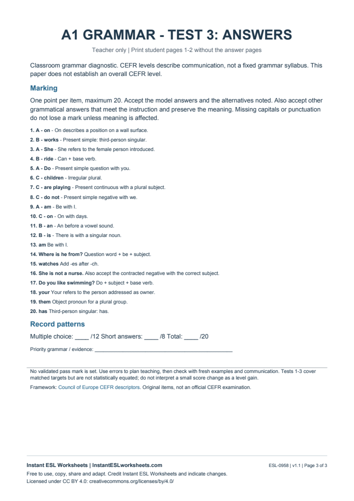 Page 3 of A1 Grammar Check - Test 3 - answer key