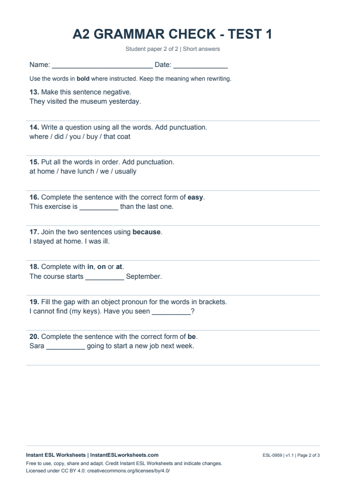 Page 2 of A2 Grammar Check - Test 1