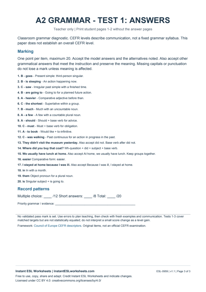 Page 3 of A2 Grammar Check - Test 1 - answer key