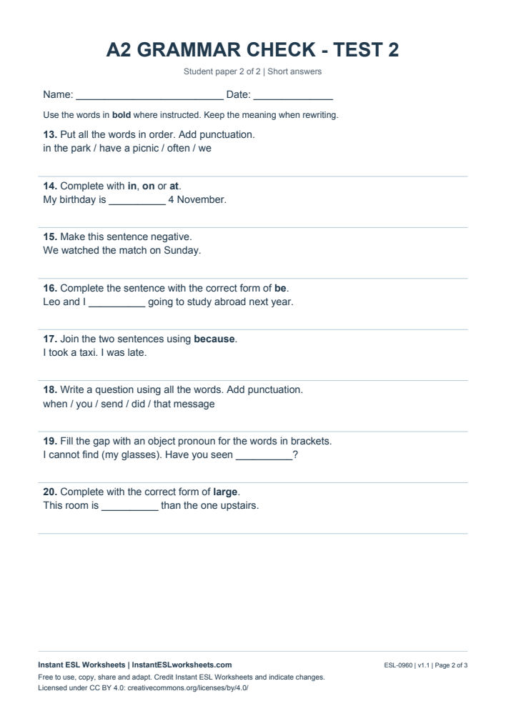 Page 2 of A2 Grammar Check - Test 2