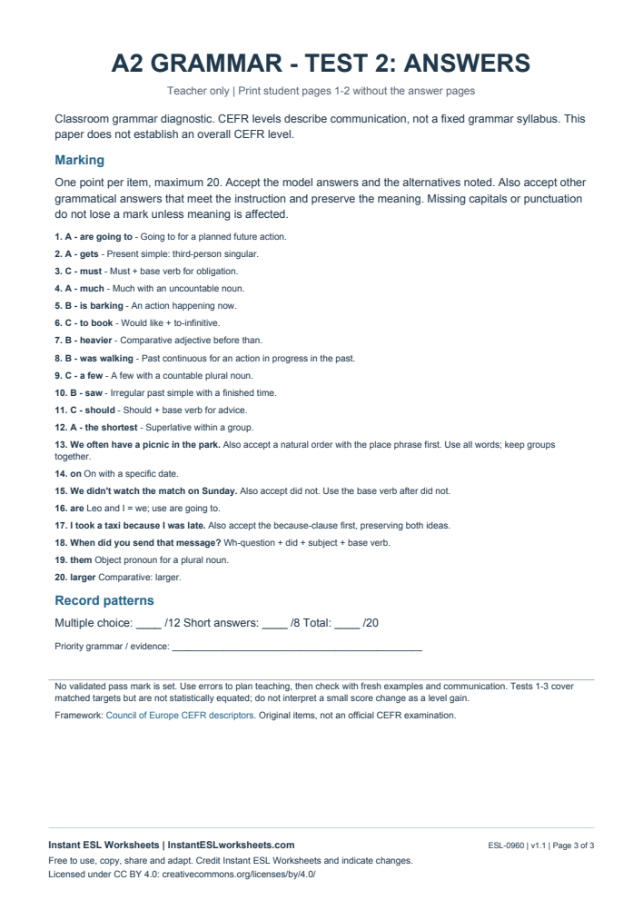 Page 3 of A2 Grammar Check - Test 2 - answer key