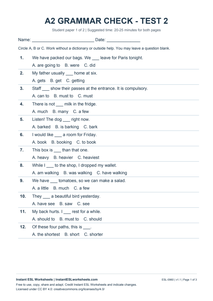 Page 1 of A2 Grammar Check - Test 2