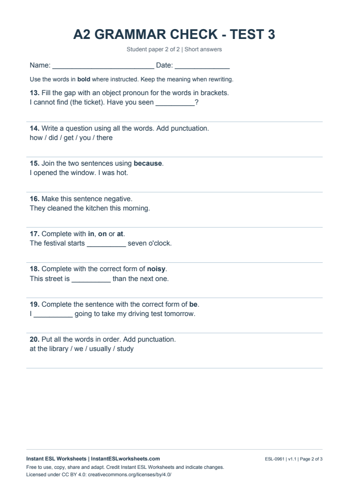 Page 2 of A2 Grammar Check - Test 3