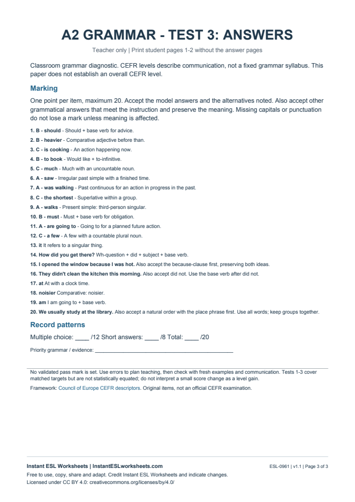Page 3 of A2 Grammar Check - Test 3 - answer key