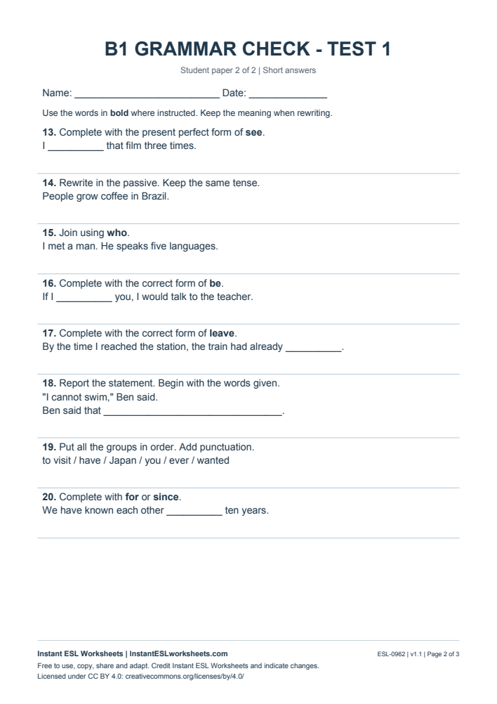 Page 2 of B1 Grammar Check - Test 1