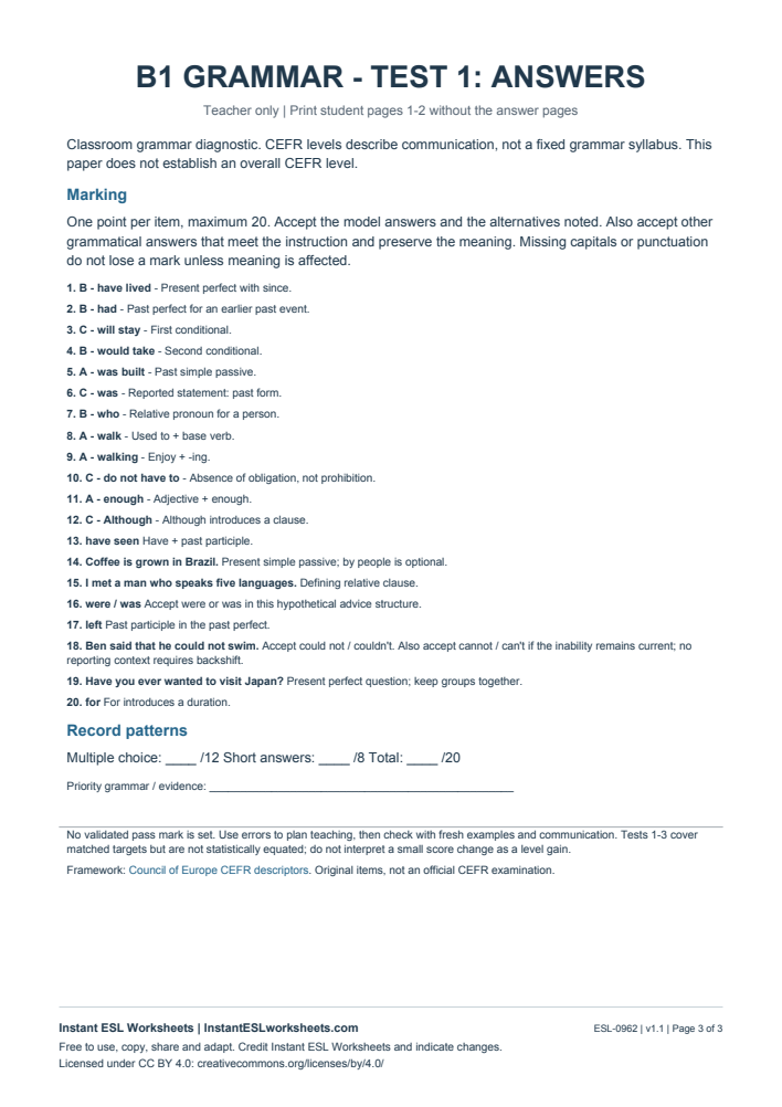 Page 3 of B1 Grammar Check - Test 1 - answer key