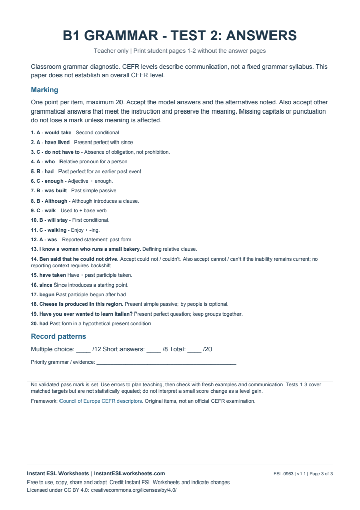 Page 3 of B1 Grammar Check - Test 2 - answer key