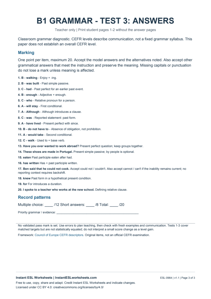 Page 3 of B1 Grammar Check - Test 3 - answer key