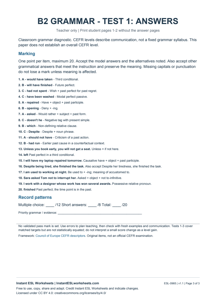 Page 3 of B2 Grammar Check - Test 1 - answer key
