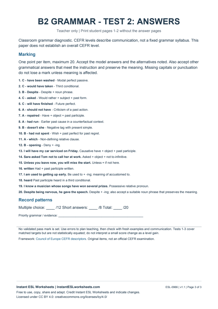 Page 3 of B2 Grammar Check - Test 2 - answer key