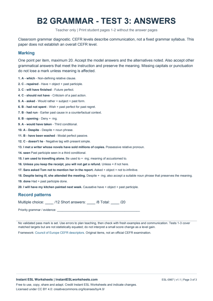 Page 3 of B2 Grammar Check - Test 3 - answer key