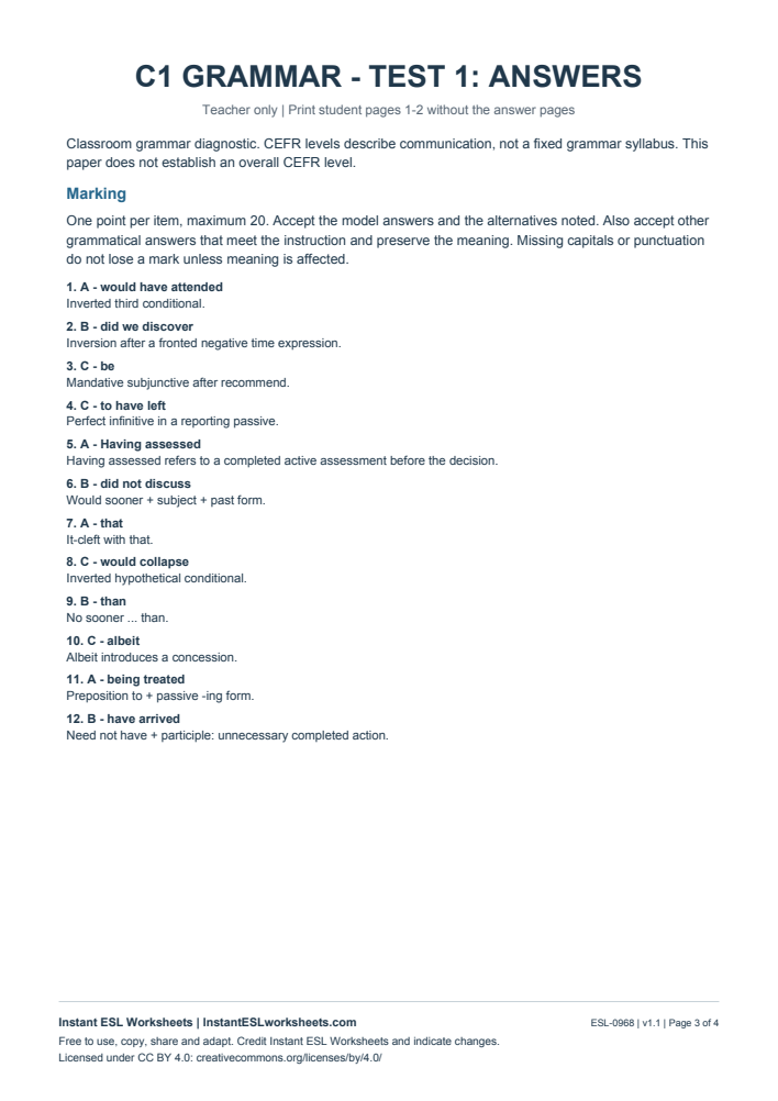 Page 3 of C1 Grammar Check - Test 1 - answer key