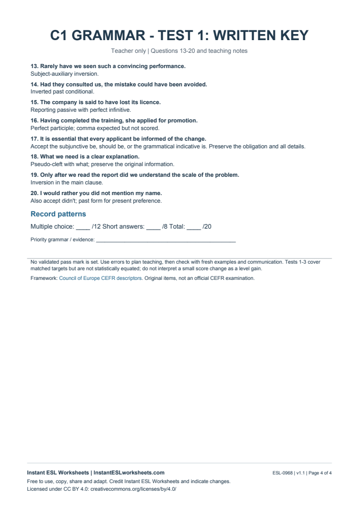 Page 4 of C1 Grammar Check - Test 1 - answer key