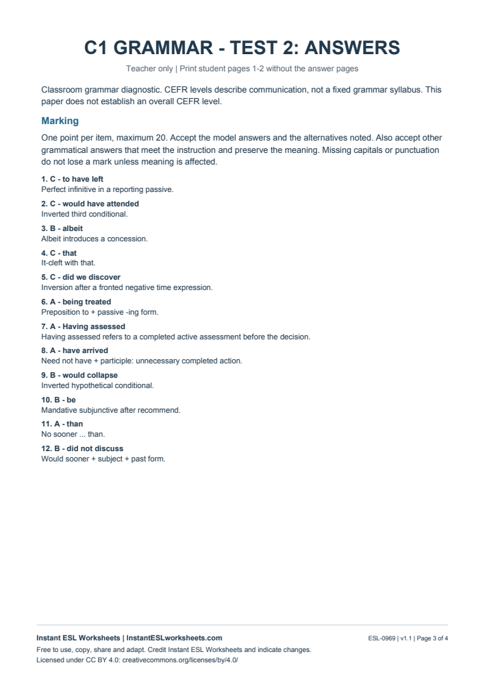 Page 3 of C1 Grammar Check - Test 2 - answer key