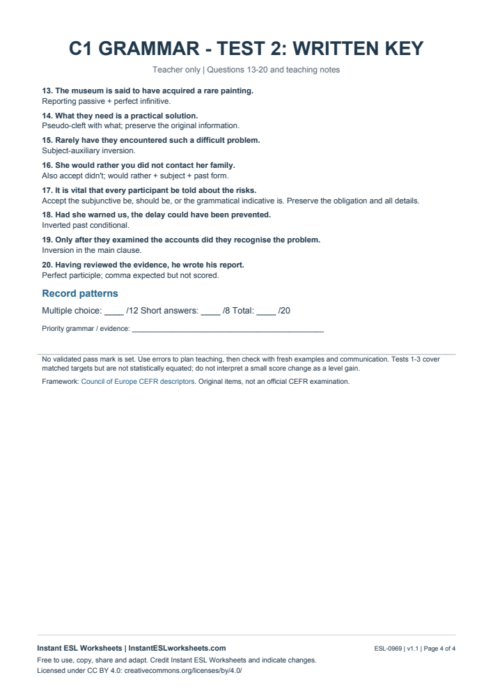 Page 4 of C1 Grammar Check - Test 2 - answer key