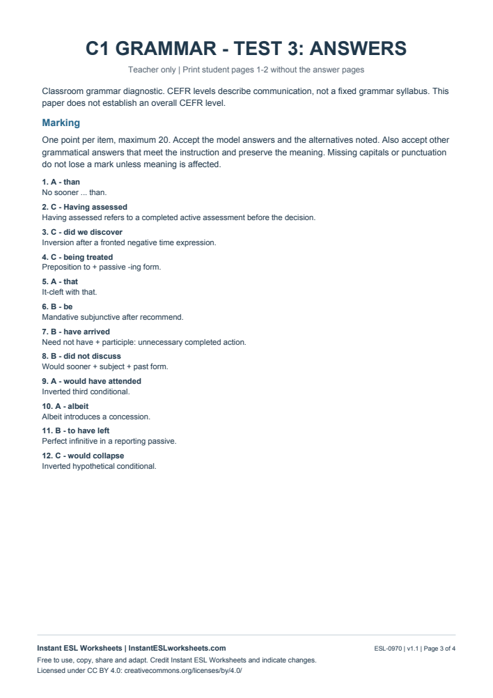 Page 3 of C1 Grammar Check - Test 3 - answer key