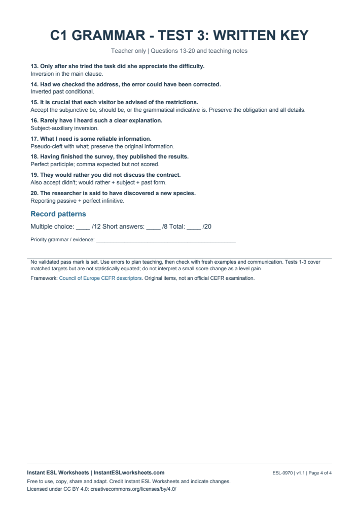 Page 4 of C1 Grammar Check - Test 3 - answer key