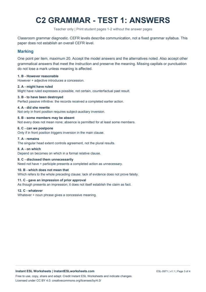 Page 3 of C2 Grammar Check - Test 1 - answer key