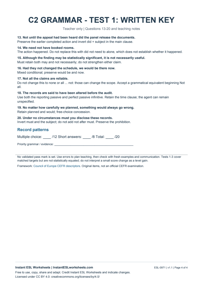 Page 4 of C2 Grammar Check - Test 1 - answer key