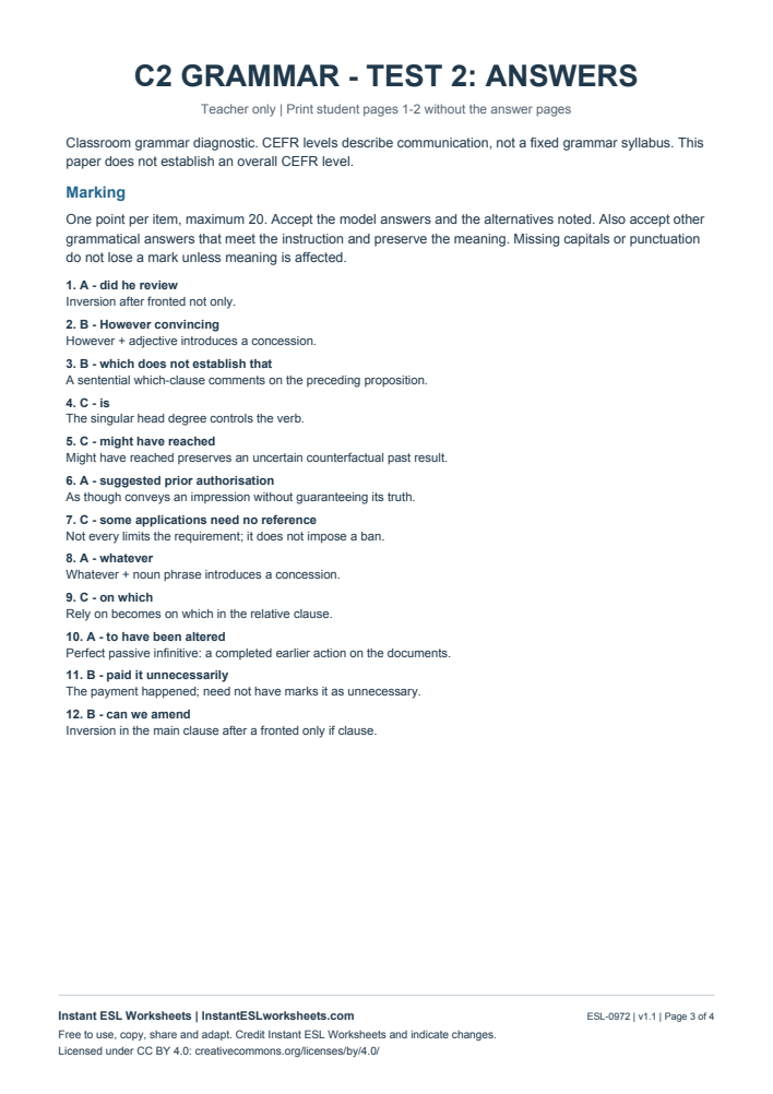 Page 3 of C2 Grammar Check - Test 2 - answer key