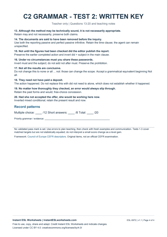 Page 4 of C2 Grammar Check - Test 2 - answer key