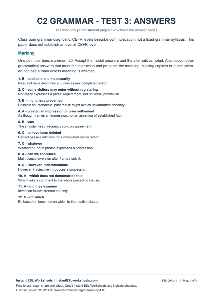 Page 3 of C2 Grammar Check - Test 3 - answer key