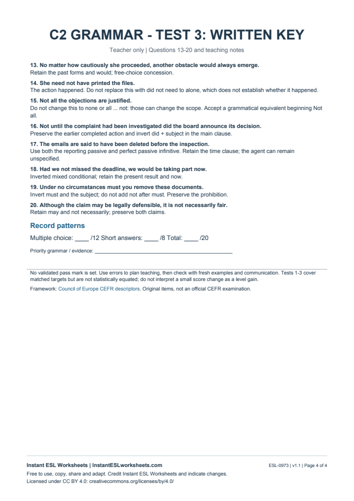 Page 4 of C2 Grammar Check - Test 3 - answer key