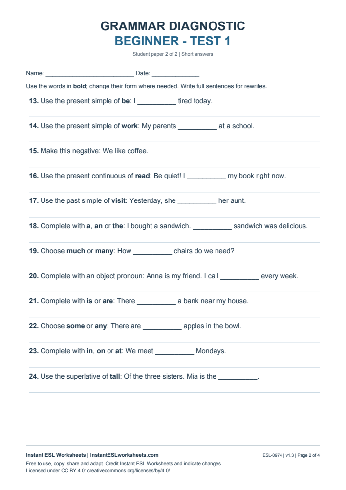 Page 2 of Grammar Diagnostic - Beginner Test 1
