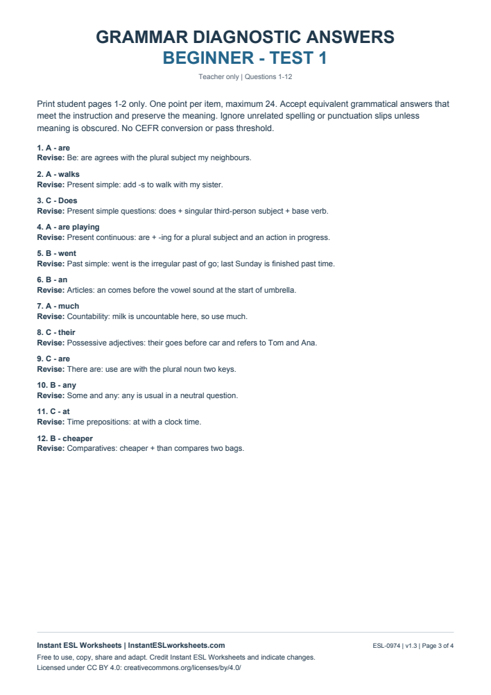 Page 3 of Grammar Diagnostic - Beginner Test 1 - answer key