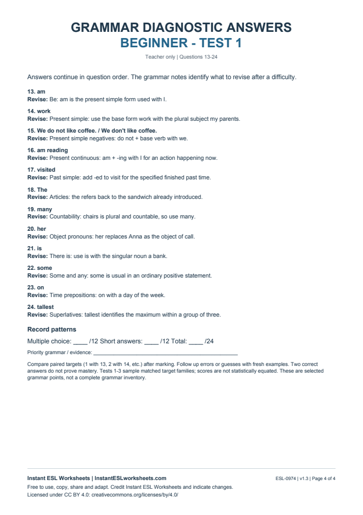 Page 4 of Grammar Diagnostic - Beginner Test 1 - answer key