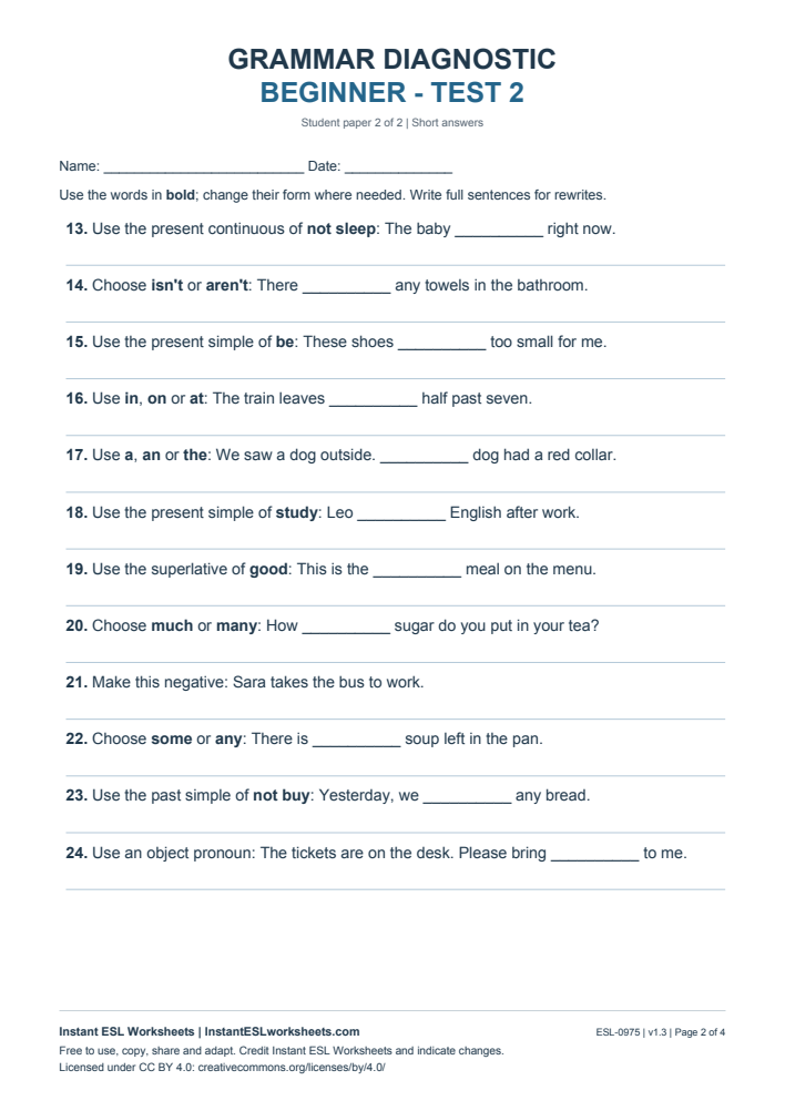 Page 2 of Grammar Diagnostic - Beginner Test 2