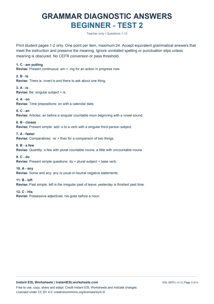 Page 3 of Grammar Diagnostic - Beginner Test 2 - answer key