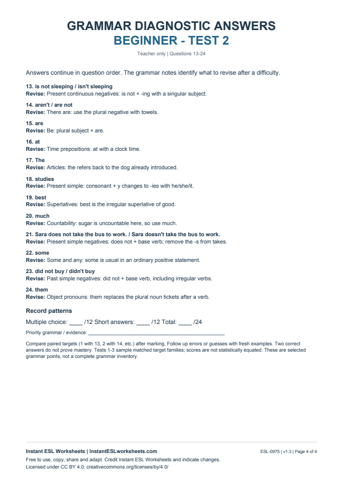 Page 4 of Grammar Diagnostic - Beginner Test 2 - answer key