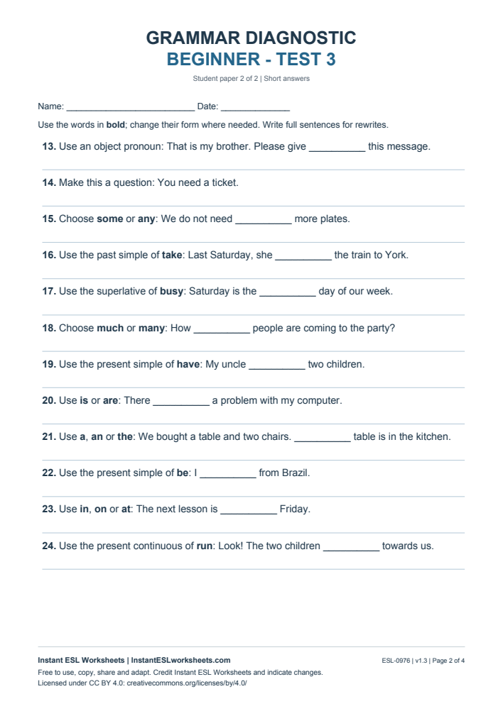 Page 2 of Grammar Diagnostic - Beginner Test 3