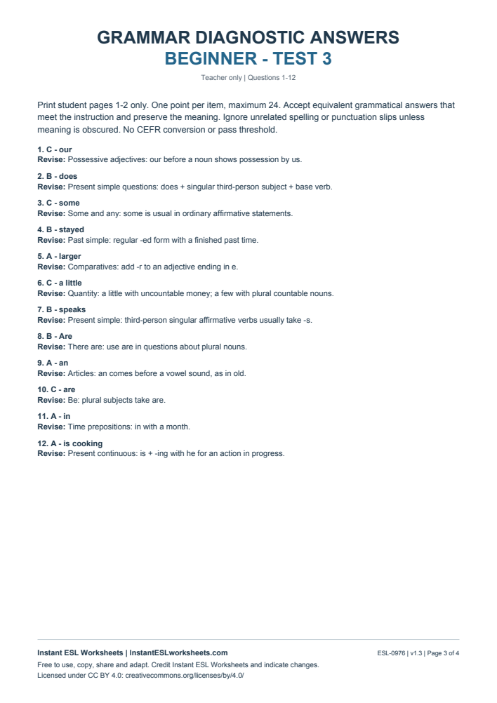 Page 3 of Grammar Diagnostic - Beginner Test 3 - answer key