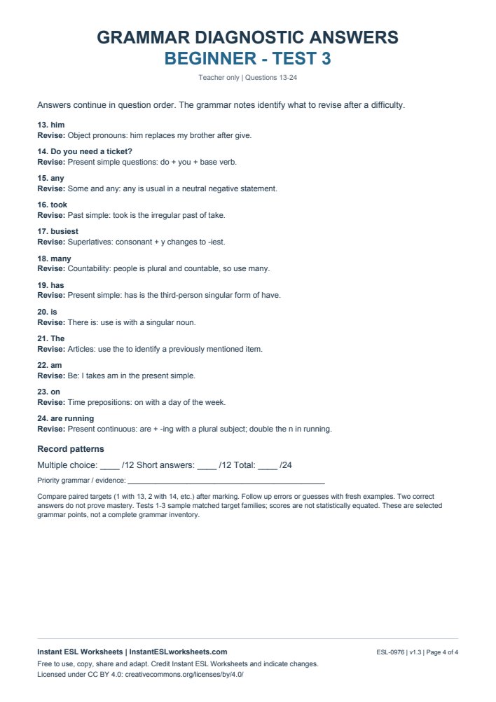 Page 4 of Grammar Diagnostic - Beginner Test 3 - answer key