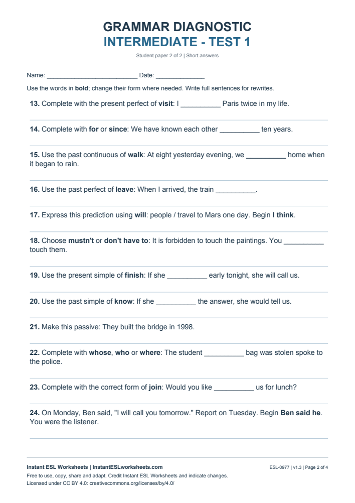 Page 2 of Grammar Diagnostic - Intermediate Test 1