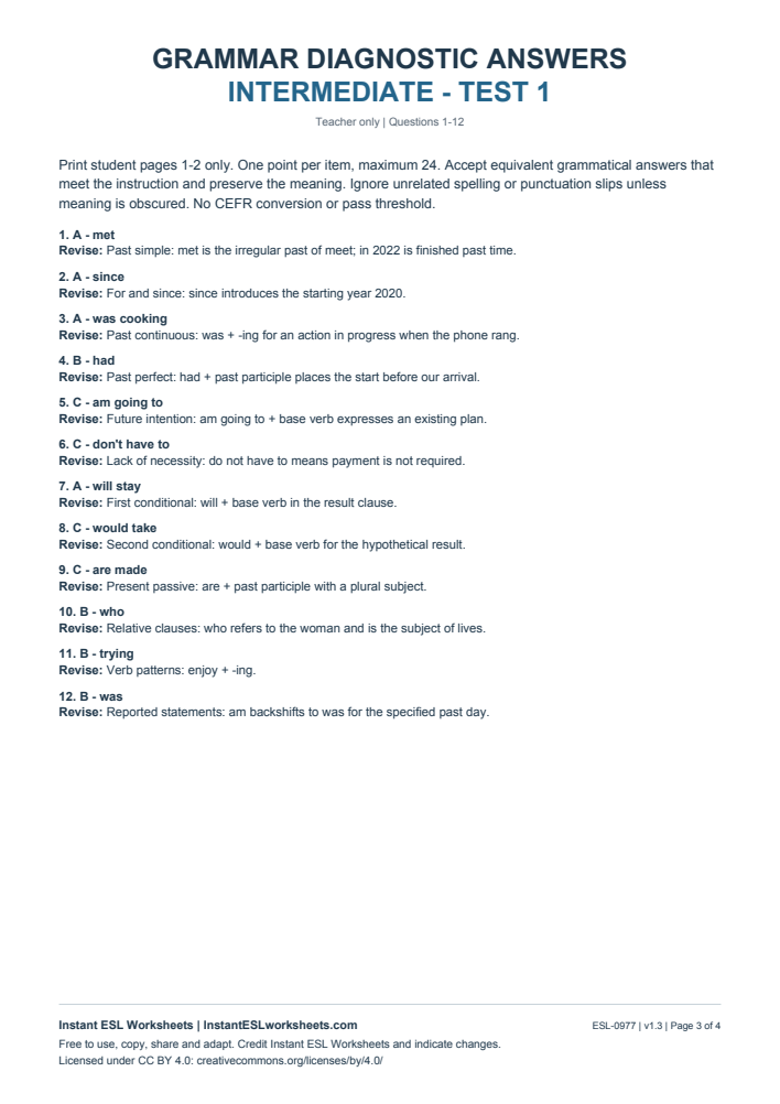 Page 3 of Grammar Diagnostic - Intermediate Test 1 - answer key