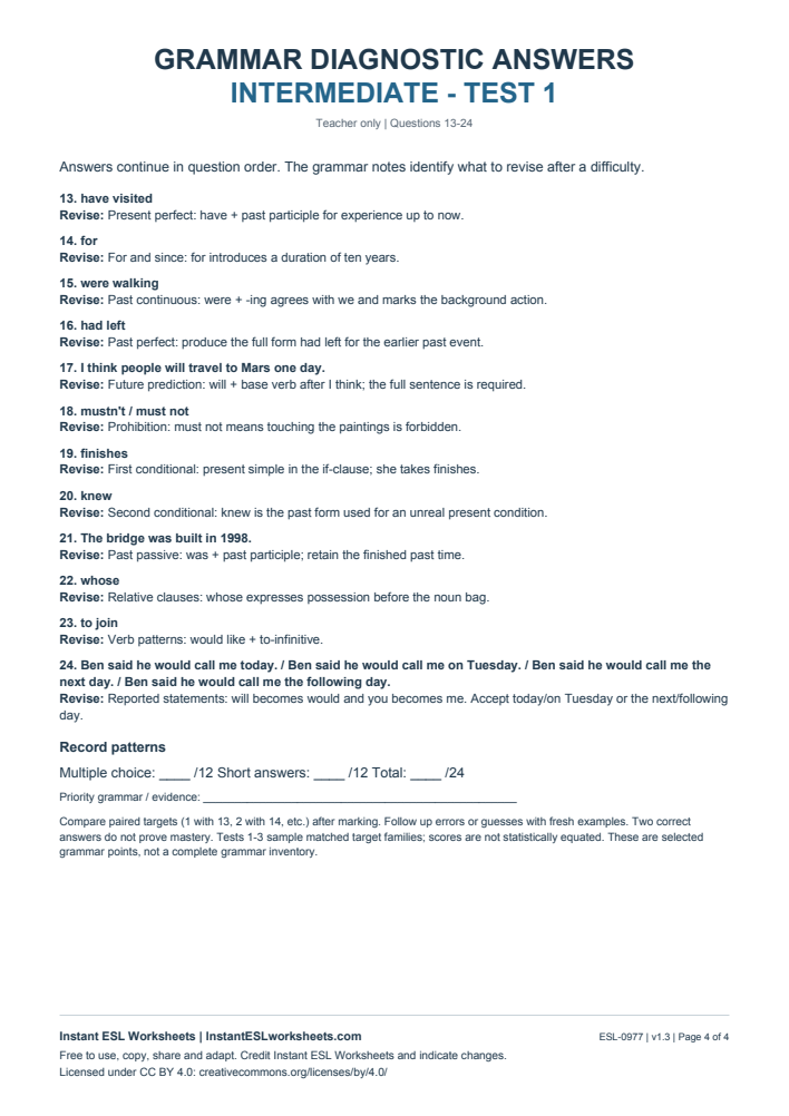 Page 4 of Grammar Diagnostic - Intermediate Test 1 - answer key