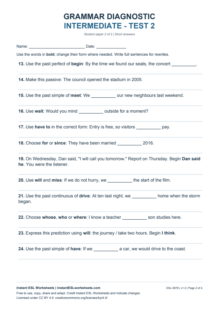 Page 2 of Grammar Diagnostic - Intermediate Test 2