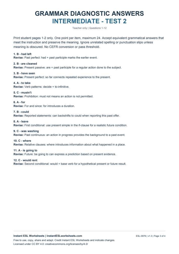 Page 3 of Grammar Diagnostic - Intermediate Test 2 - answer key