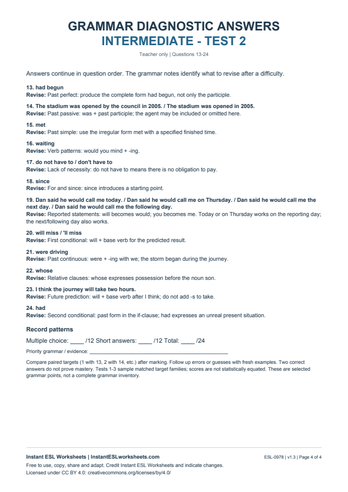 Page 4 of Grammar Diagnostic - Intermediate Test 2 - answer key